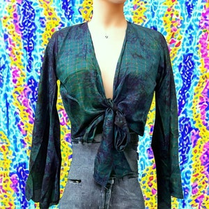 Tie Dye Recycled Art Silk Sari Fabric Wrap Blouse Boho Bell Sleeve Top  Hippie Wrap Top  Crop Blouse  Flare Top  Bell Sleeve Blouse