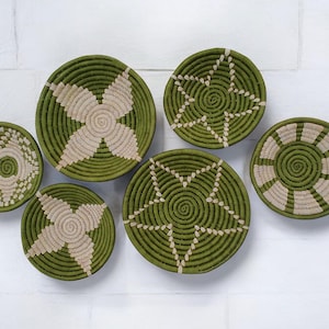 Natural Sabai Grass Handwoven Baskets , Wall Art Decor for living room , African Baskets , Bohemian Wall Baskets , Green , Set of 6 Pcs