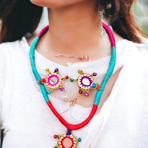 Fabric Necklace | Mirror Necklace | Statement Braided , MultiColor yarn wrapped bohemian jewelry, unique gift for her, Gift For Mother&#39;s day