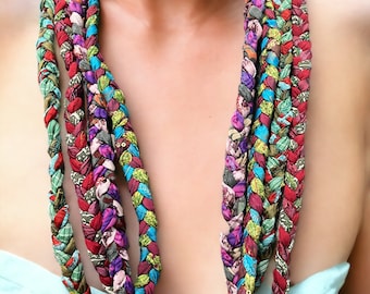 Boho Braided Sari Silk Necklace: Multicolor Tribal Jewelry