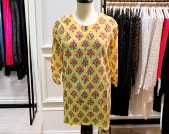 Handgemaakte katoenen Kurti-katoen met bloemenblokprint: boho-Indiase tuniek