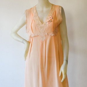 1920s Vintage Silk Chiffon Negligee Nightgown Peach Pink Lace Trim Short Babydoll Boudoir Style Sheer Slip Feminine Size Medium Loose