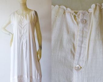 Antique Victorian Cotton Chemise Dress, Hand-Tied Lace, Mother of Pearl Buttons