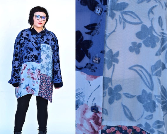 Vintage 90s Velvet Burnout Blouse Sheer Floral Pat