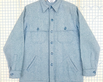 Vintage 1960s Woolrich Men's Blue Engineer Stripe Wool Woven Shirt Shacket