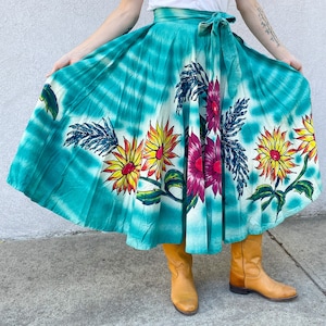 1950s Hand Painted Circle Skirt Rockabilly Southwest Western Floral Airbrush Roldan Turquoise Midi Length Mid Century Artsy Boho Small Med