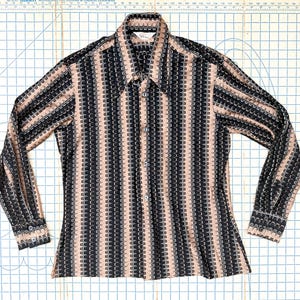 Vintage 70s Knit Disco Shirt - Le Chevron Geometric Pattern - Men&#39;s Medium