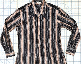 Vintage 70s Knit Disco Shirt - Le Chevron Geometric Pattern - Men's Medium