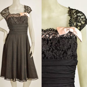 1950s New Look Dress Black Lace Party Dress Silk Chiffon Pleated Full Skirt Pink Bow Coquette Femme Corset Detail Pinup Style Size Medium