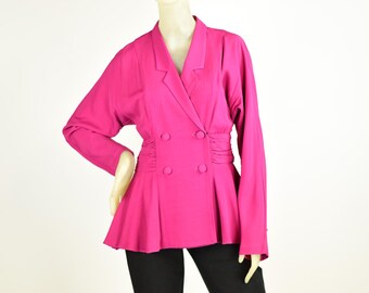 May include: A hot pink blazer with a double-breasted closure and a cinched waist. The blazer has long sleeves and a flared hem.