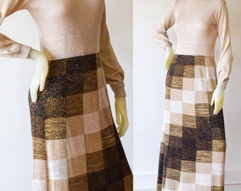 1970s Lurex Knit Maxi Dress: Gold Brown Checkerboard, Size Medium
