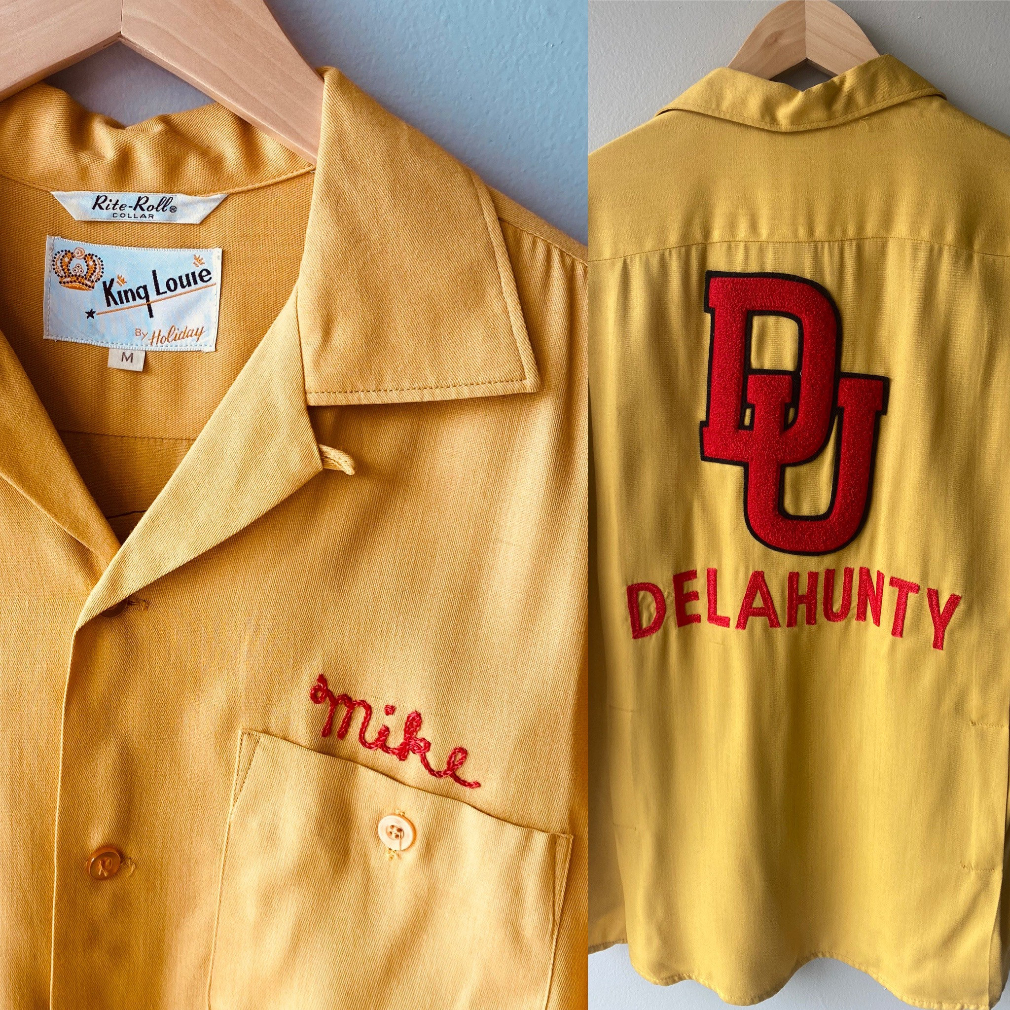 1950s Vintage Bowling Shirt Mustard Yellow Gabardine Chain