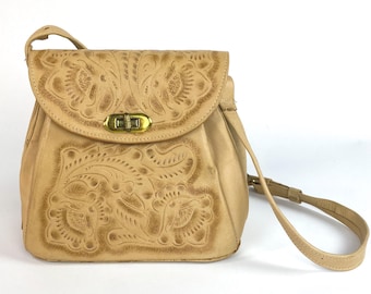 Vintage Mexicaanse lederen tas schoudergesp riem beige taupe emmer tas kleine hippie stijl ArtMex jaren 1950 western boho rockabilly