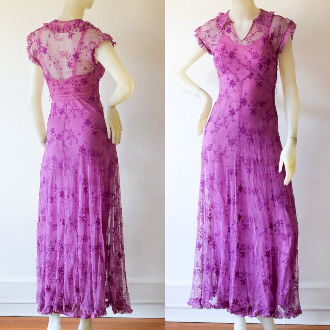 1930s Purple Lace Gown Old Hollywood Collared Bias Cut Sheer Net Floor ...