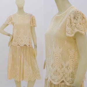 Antique 1920s Drop Waist Lawn Dress Hand Tied Lace Crochet Sheer Ecru Scallop Floral Cotton Tea Dress Femme Cream Vintage Flapper Wedding XS