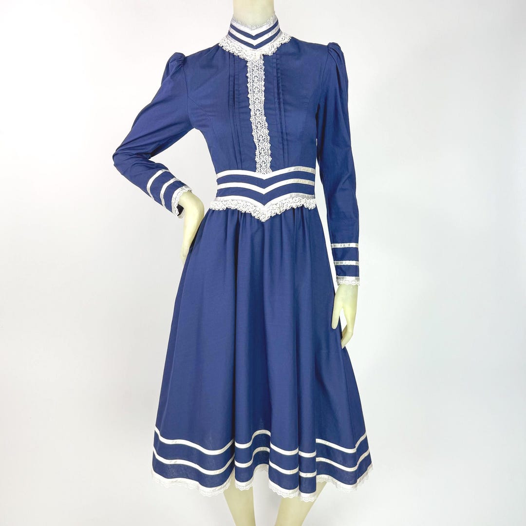 Vintage 1970s Gunne Sax Dress Navy Blue High Neck Long Sleeve White ...