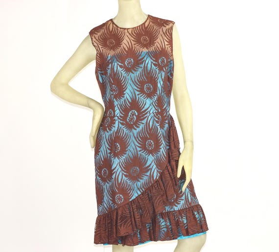 Vintage 1960s Cocktail Dress Teal and Maroon Lace Overlay Wrap Ruffle Skirt Peacock Feather Mid Century Knee Length Sleeveless Sheath Large - Etsy Vintage 1960s Cocktail Dress Teal and Maroon Lace Overlay Wrap Ruffle Skirt Peacock Feather Mid Century Knee Length Sleeveless Sheath Large - Etsy