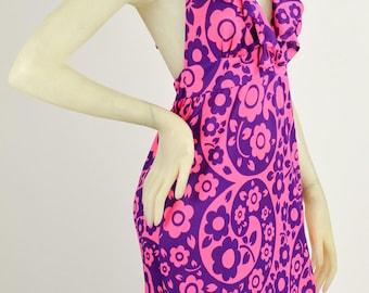 Vintage 70s Floral Halter Maxi Dress, Backless Purple & Pink, Boho Small