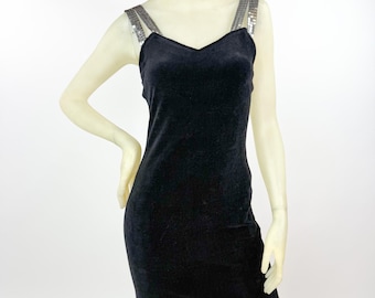 Vintage 80s Black Velour Mini Dress, Silver Sequin Straps, Bodycon Club Dress