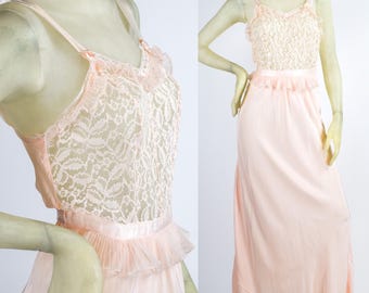 Vintage 1940s Pink Rayon Nightgown, Lace Bodice, Old Hollywood Gown