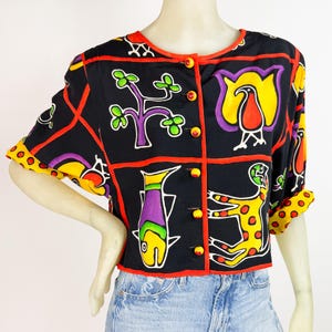 Vintage 90s Dorothy Schoelen Cropped Rayon Jacket: Funky Print Blazer, Hand Blown Glass Buttons