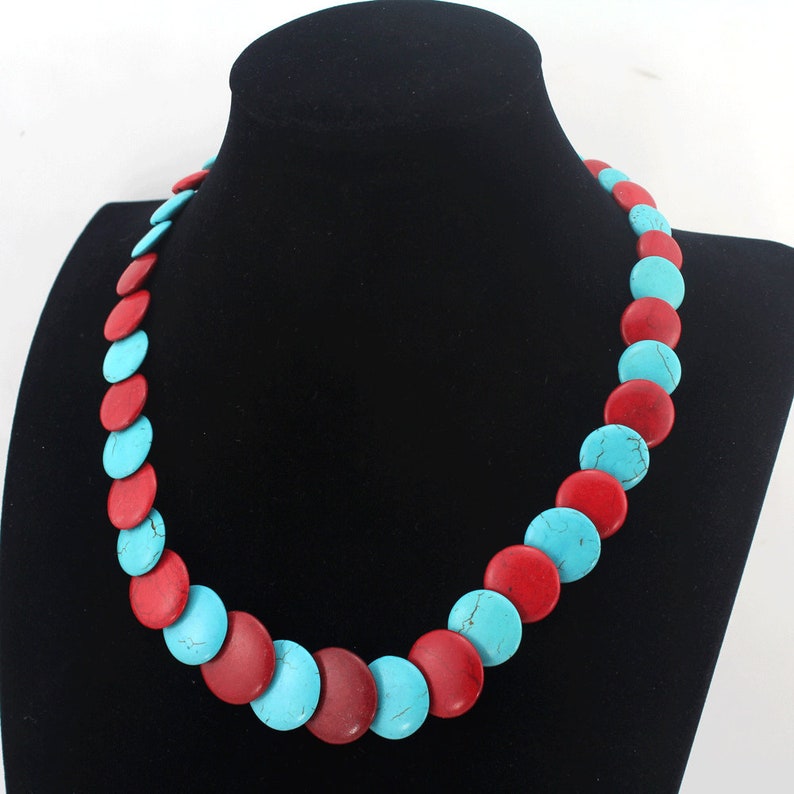 Flat Turriform Shape Red and Turquoise Necklace,8-20mm Big size Turquoise Necklace Gift necklace,Chunky Turquoise Bridesmaids/&Wedding Jewelr