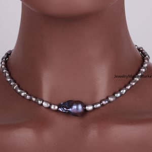 Peacock Black Baroque Pearl Necklace, 6-7mm Baroque Pearl Freshwater Pearl Choker Necklace, Pretty Small and Big Mix Size Pearl Necklace