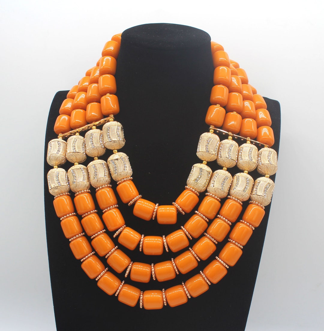 Africanbeads 4-Row Orange Coral Nigerian Wedding Jewelry Set – Necklace, Bracelet & Earrings, Handmade Beads - View #9