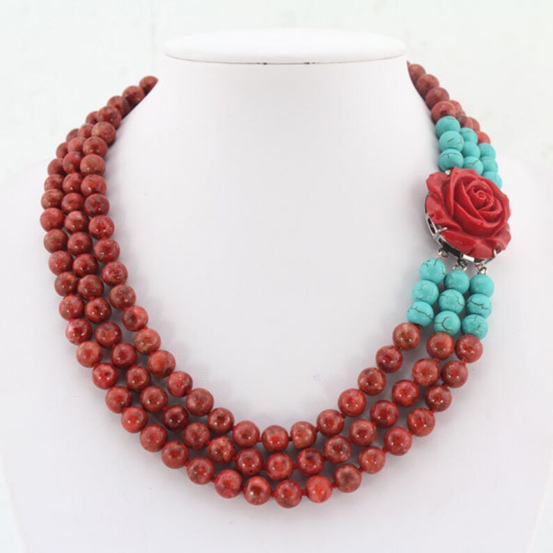 Charming 3 rows Red Coral Necklace,African Coral Necklace Beads,Coral Flower Clasp Statement Party Bridesmaids/&Wedding Gift Jewelry Necklace