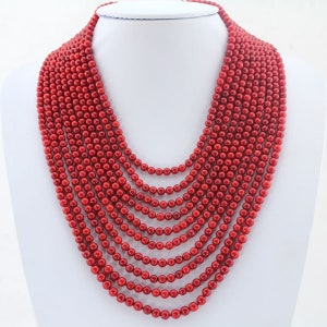 5-6mm Charming 10 rows Red Coral Necklace,African Coral Beads Necklace,Handmade Gemstone Jewelry,Statement Coral Necklace,Gift For Her-NC253