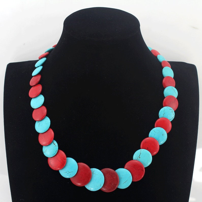 Flat Turriform Shape Red and Turquoise Necklace,8-20mm Big size Turquoise Necklace Gift necklace,Chunky Turquoise Bridesmaids/&Wedding Jewelr