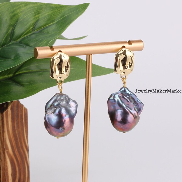 Boucles d'oreilles minimalistes de belles perles de paon noir Flameball Baroque, boucles d'oreilles Pearl Drop Dangle Pearl, cadeau de fête des mères, boucles d'oreilles élégantes