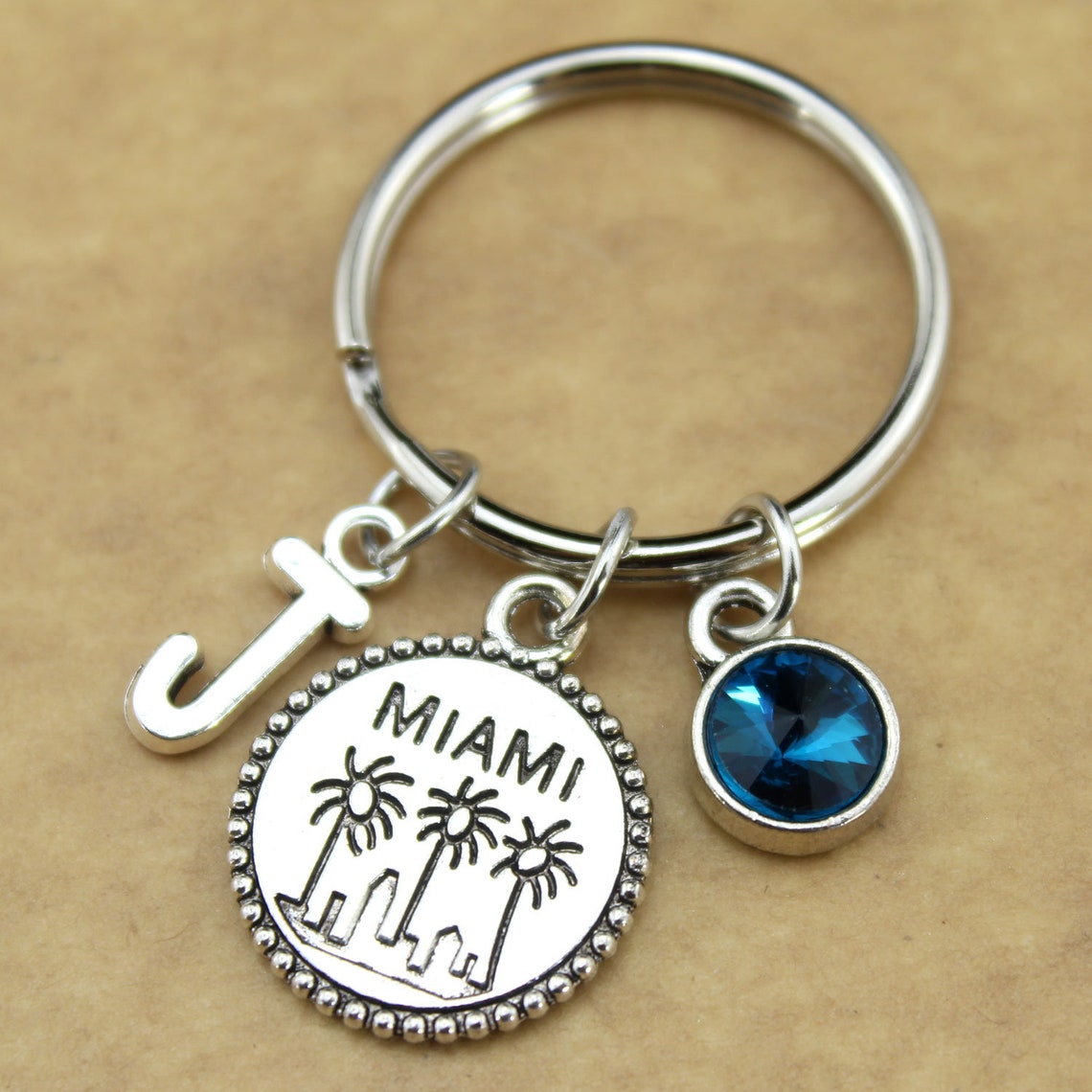 MIAMI Keychain with initialPalm Tree Keyring Palm Tree Etsy
