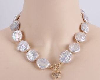Natürliche weiße Münze Perlenhalskette, mit Herzanhänger, Süßwasser-Münzen-Perlen-Halsband-Halskette für Frauen, winzige Goldperlen-Zubehör--NK001-9