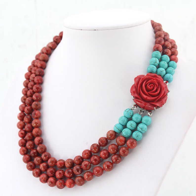 Charming 3 rows Red Coral Necklace,African Coral Necklace Beads,Coral Flower Clasp Statement Party Bridesmaids/&Wedding Gift Jewelry Necklace