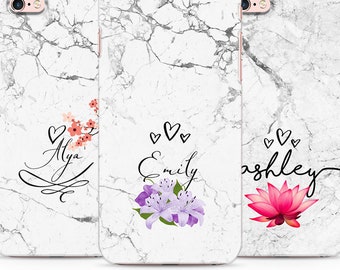 Flower Personalised Orchid Lotus Sakura Gold Silver Natural Marble stone mix., initials Name Custom Phone Case Cover iPhone & Samsung L54