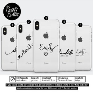 Könnte beinhalten: Fünf transparente iPhone-Hüllen mit verschiedenen Namen in schwarzer Kursivschrift. Die Namen sind: 'ak', 'Emily', 'Emily', 'Elizabeth Lampard' und 'Martin Onberg'. Jede Hülle hat ein kleines schwarzes Apple-Logo in der Mitte. Die Hüllen sind in einer Reihe von links nach rechts angeordnet, mit den Zahlen 1 bis 5 über jeder Hülle.