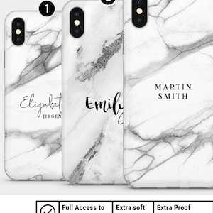 May include: Five white marble-patterned phone cases with personalized text options. The cases feature names like "Elizabeth" and "Emily", and the text "MARTIN SMITH". The cases have features like full device port access, a soft gel case, and scratch-resistant UV print.