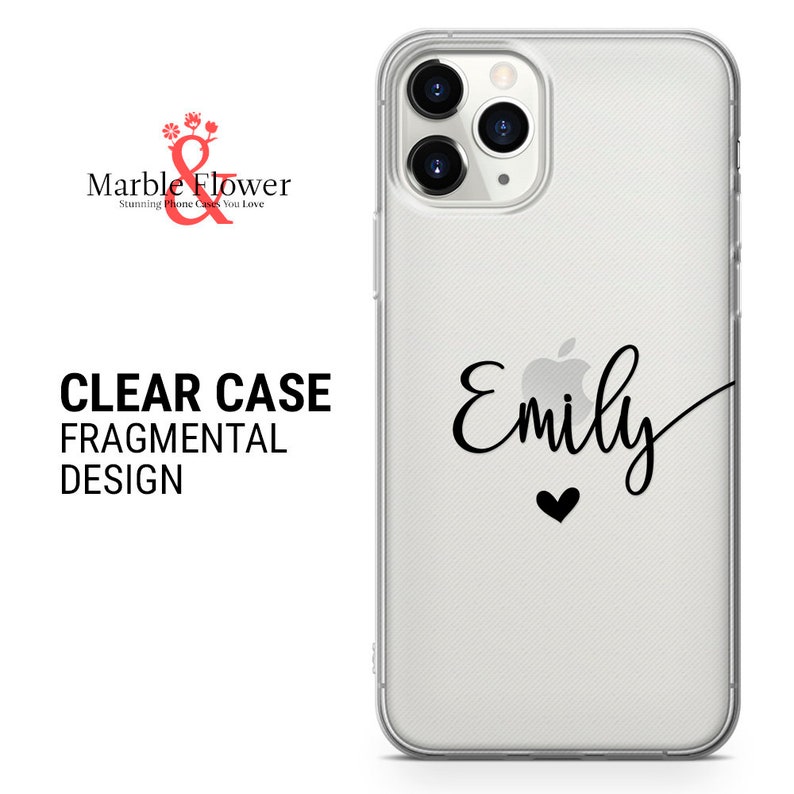 May include: Clear phone case with a black and white design. The design features the name "Emily" with a small heart and an apple icon.