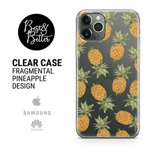 May include: Clear phone case featuring a design of fragmented pineapples on a dark green background. The case is compatible with Apple, Samsung, and Huawei phones.