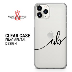 May include: Clear phone case with a black and white design of the letters "ab" with a curved line. The case is for an iPhone with a camera bump.