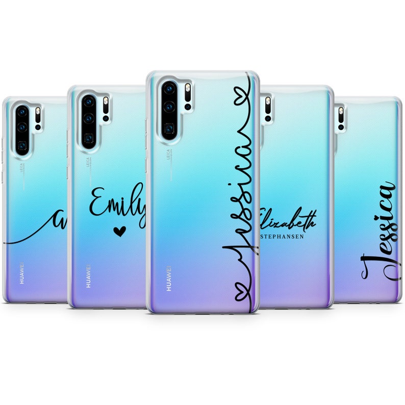 May include: Four clear phone cases with a gradient of blue and purple. Each case has a different name written on it in black cursive: "a", "Emily", "Jessica", and "Elizabeth STEPHANSON".