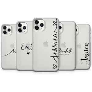 May include: Five clear phone cases with different names written on them in black script. The names are "a", "Emil", "Jessica", "Elizabeth Tep hansen", and "Jessica".