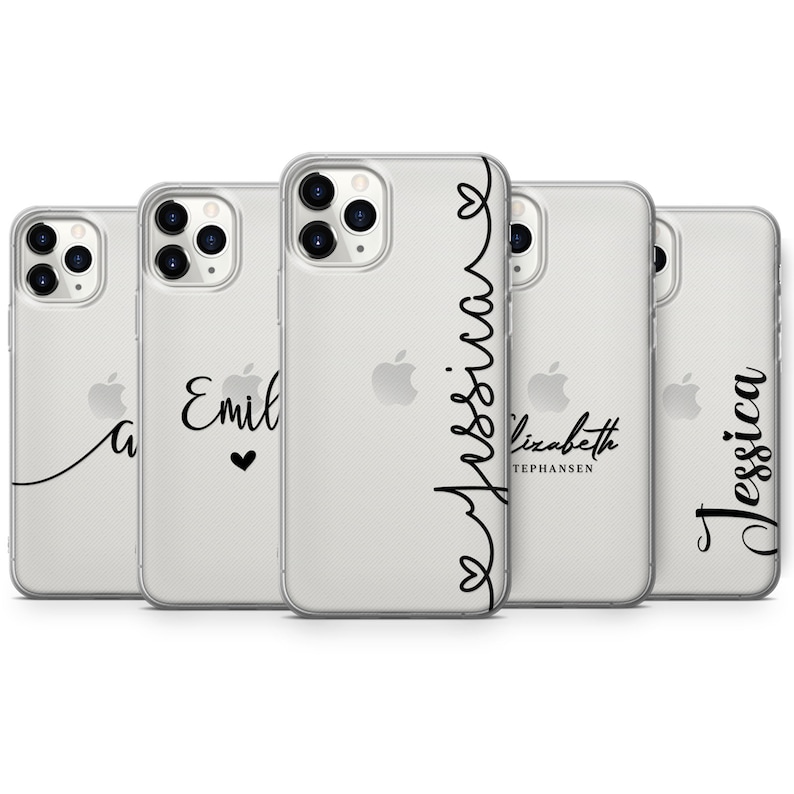 May include: Five clear phone cases with different names written on them in black script. The names are "a", "Emil", "Jessica", "Elizabeth Tep hansen", and "Jessica".