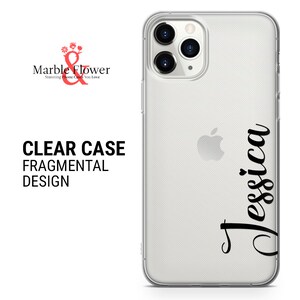 May include: Clear phone case with a white background and the name "Jessica" written in black cursive script.