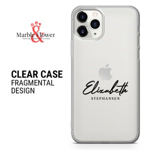 May include: Clear phone case with a white background and a black inscription that reads "Elizabeth STEPHANSON".