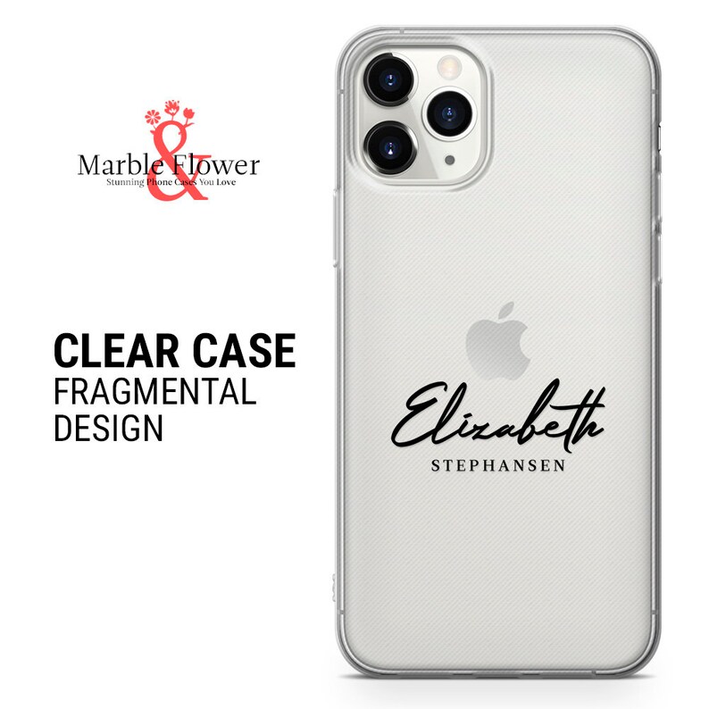 May include: Clear phone case with a white background and a black inscription that reads "Elizabeth STEPHANSON".