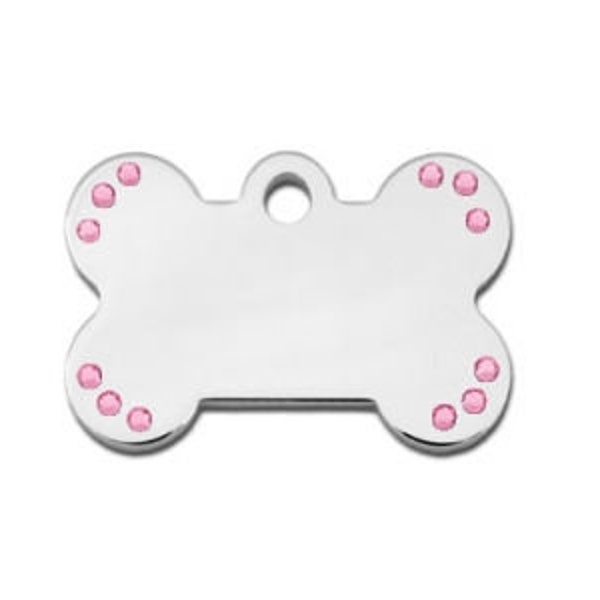 DIVA Diamond Dog Jeweled SMALL Bone Shape Custom Engraved Pet ID Tags- Free Shipping! - Chrome w/ Pink Crystals