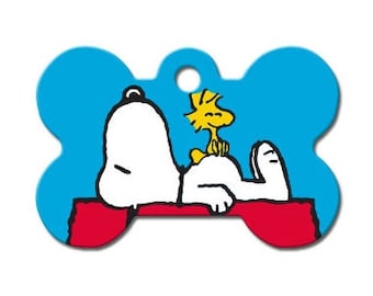 Snoopy & Woodstock LARGE Bone Shape Licensed Personalized Custom Engraved Pet ID Tag- Free Shipping