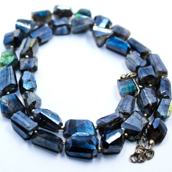 Gorgeous Labradorite Blue Flashy Gemstone Micro Faceted Nuggets Necklace/Coated Labradorite Adjustable Necklace/Size 7-10 MM Length 18 Inch.